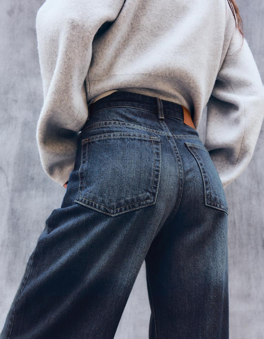 Wide-leg jeans with crossover waist-Blue
