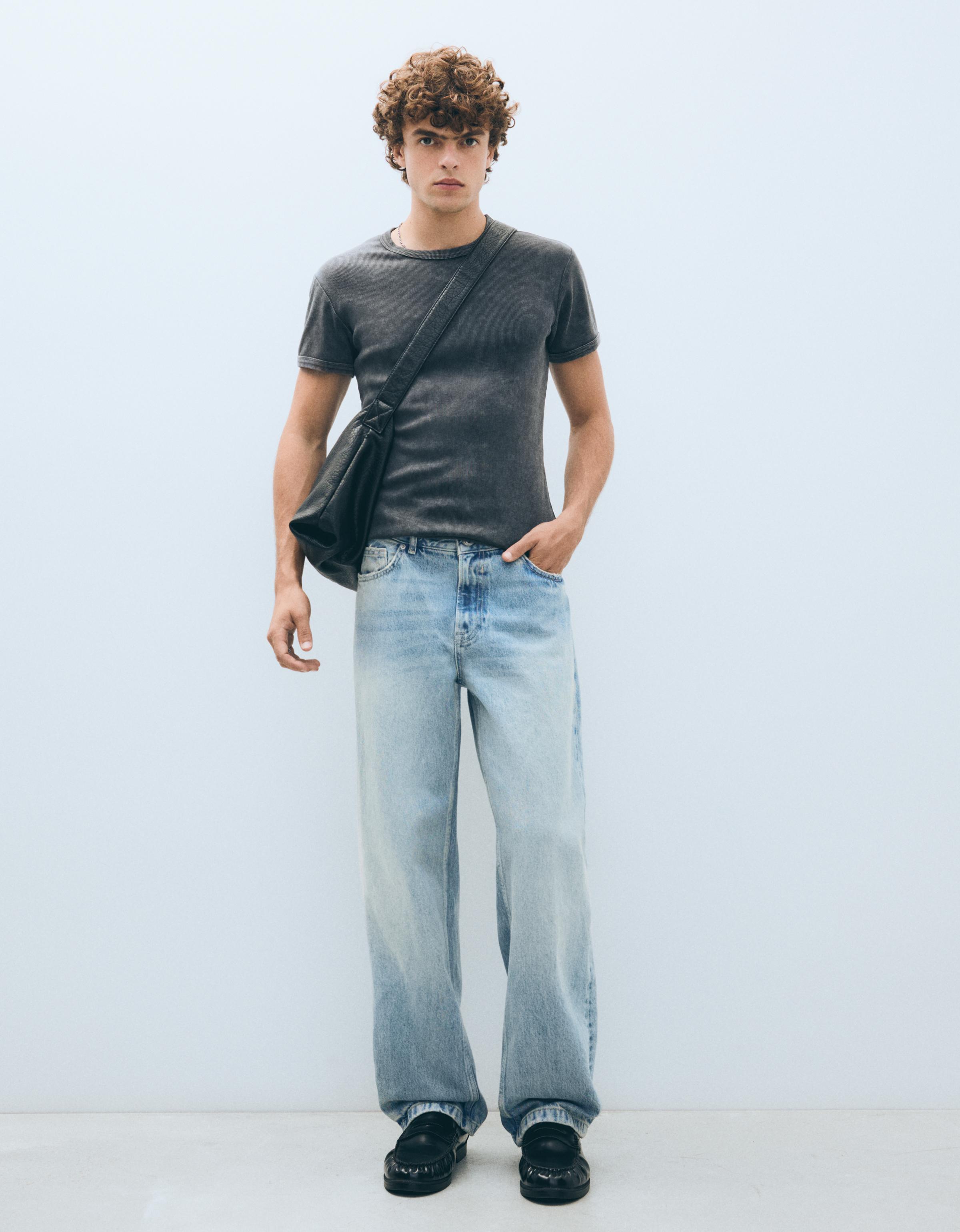 Bershka Jeans Straight Wide Hombre 38 Azul Lavado