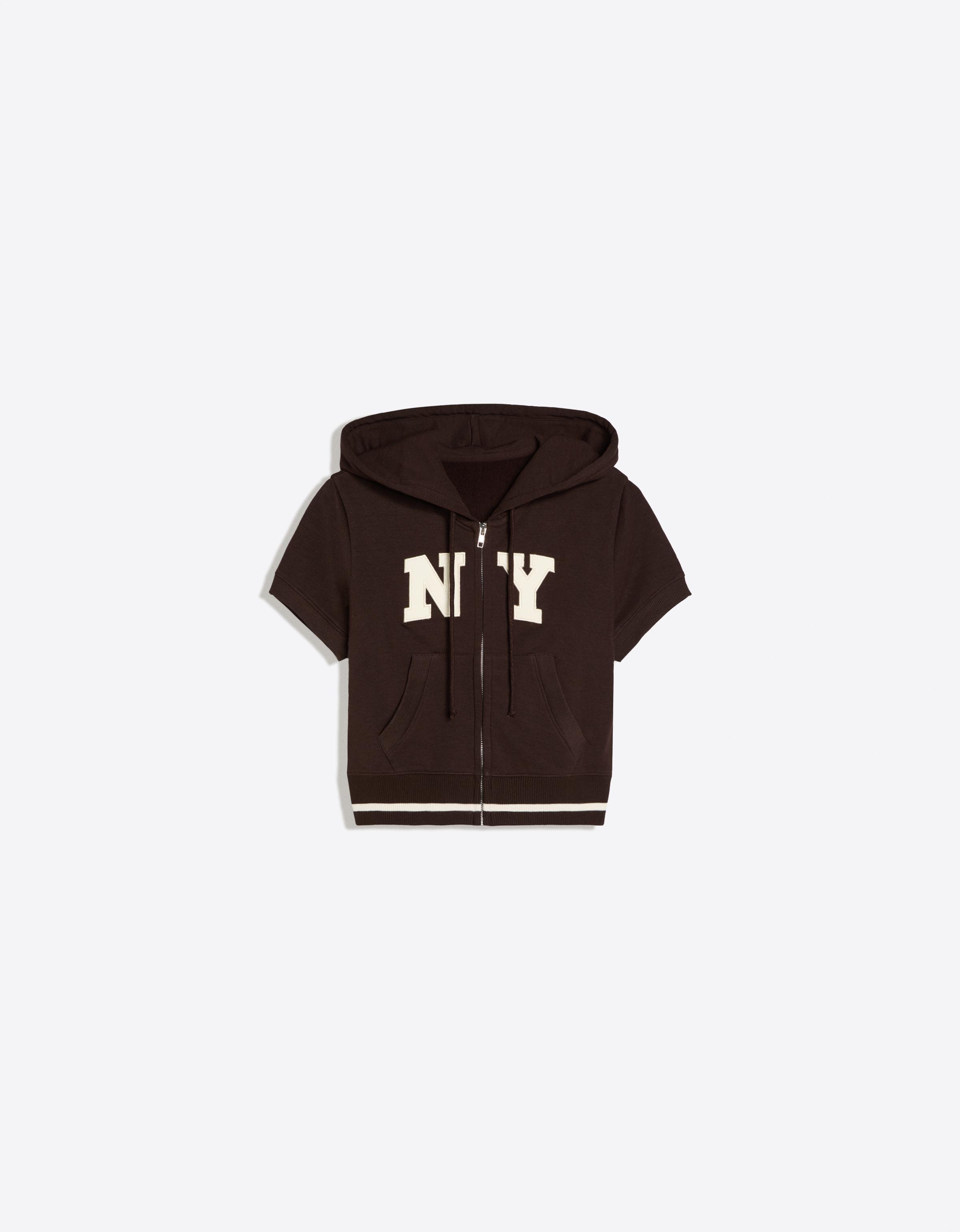 Short-sleeved hooded zip-up sweatshirt — Brown