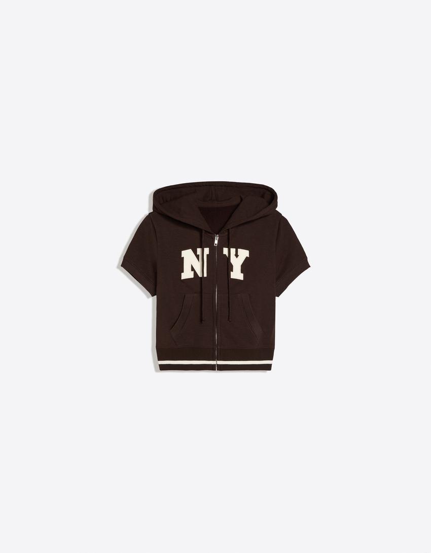 Short-sleeved hooded zip-up sweatshirt-Brown