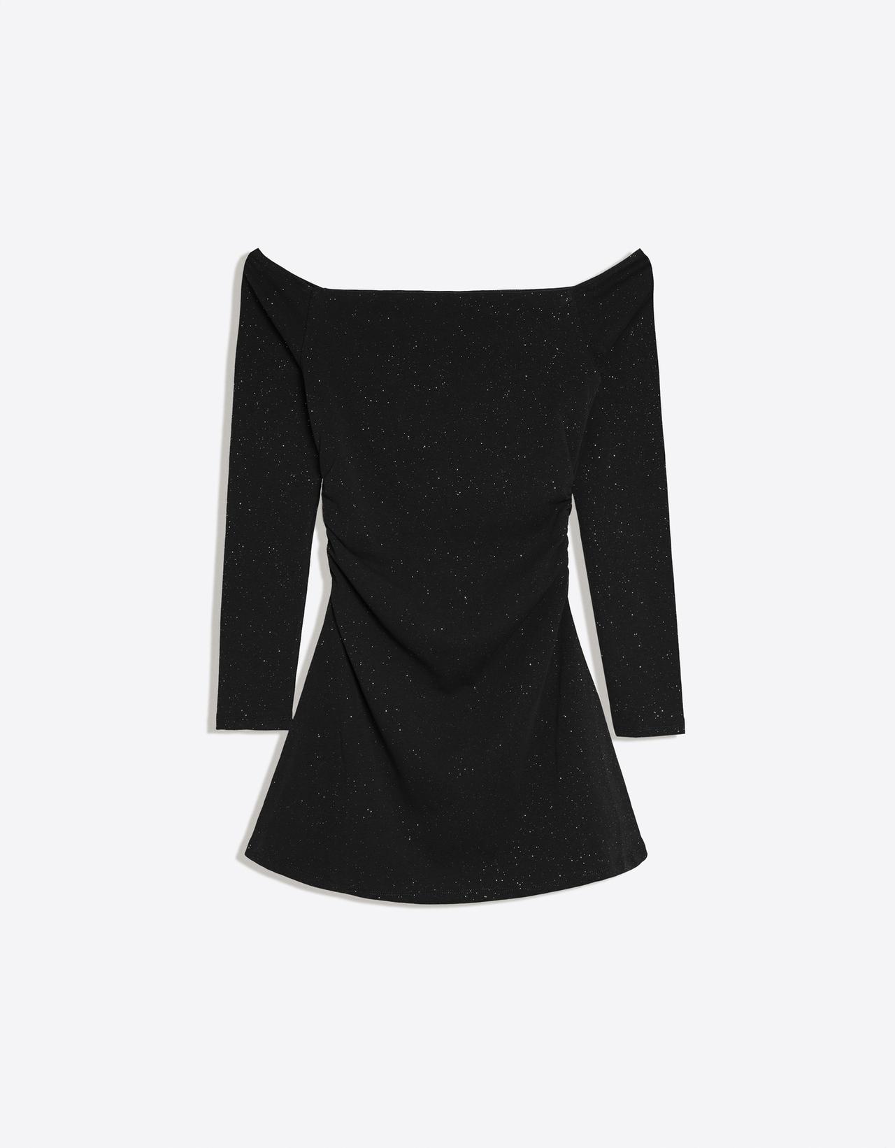 Shimmery Bardot-neck mini dress — Black