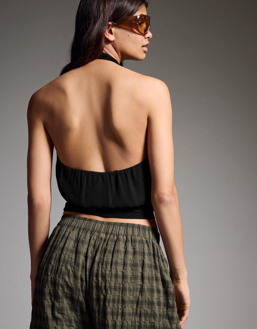 Crossover halter neck top-Black