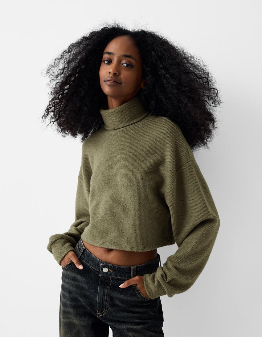 Cropped sweater with a high neck-Khaki-0