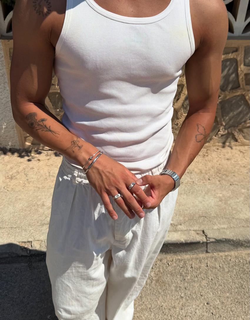 Ketenli super baggy fit pantolon-Kirli beyaz
