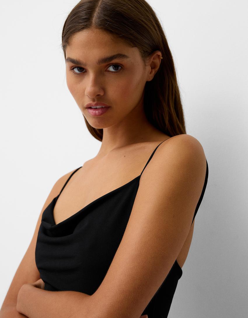 Vestido mini alças decote drapeado-Preto-3