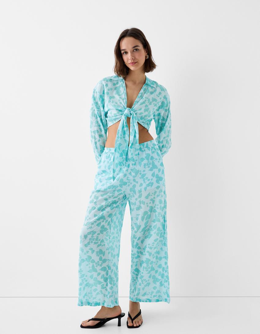 قميص كريب بطبعة وأكمام طويلة-فيروزي-3