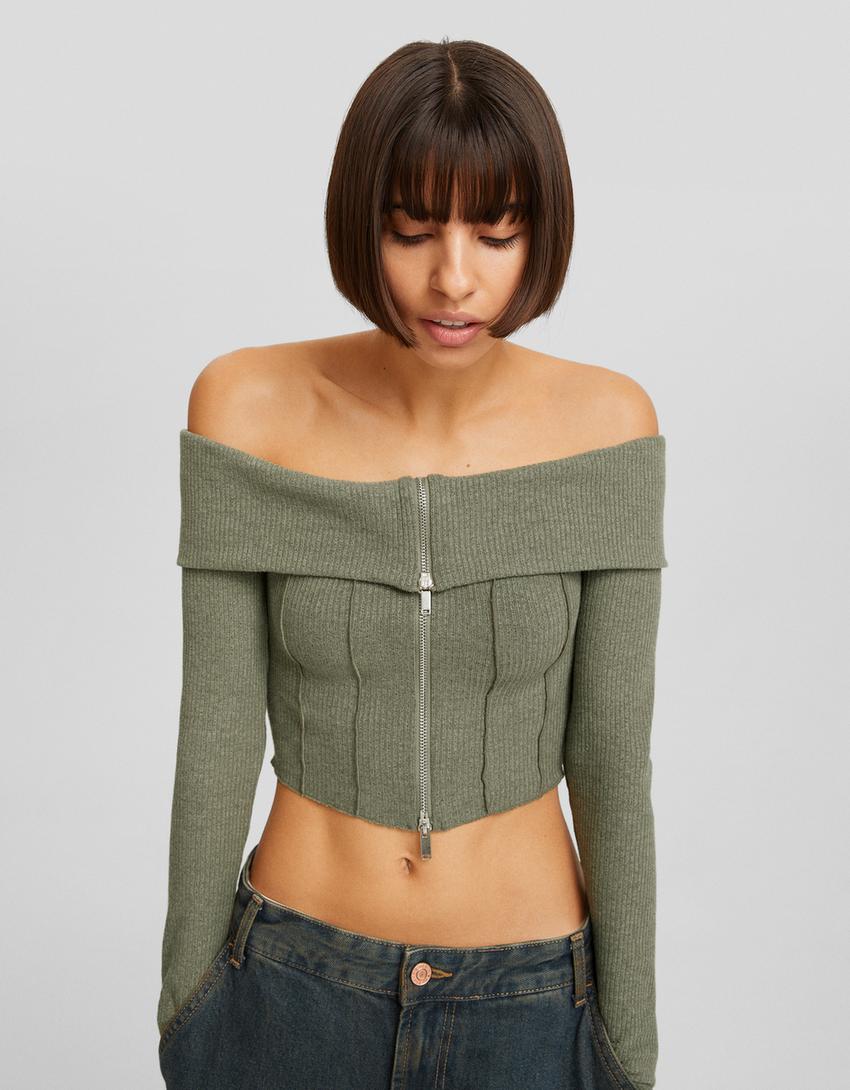 Gilet col Bardot maille fermeture Éclair-Kaki-2