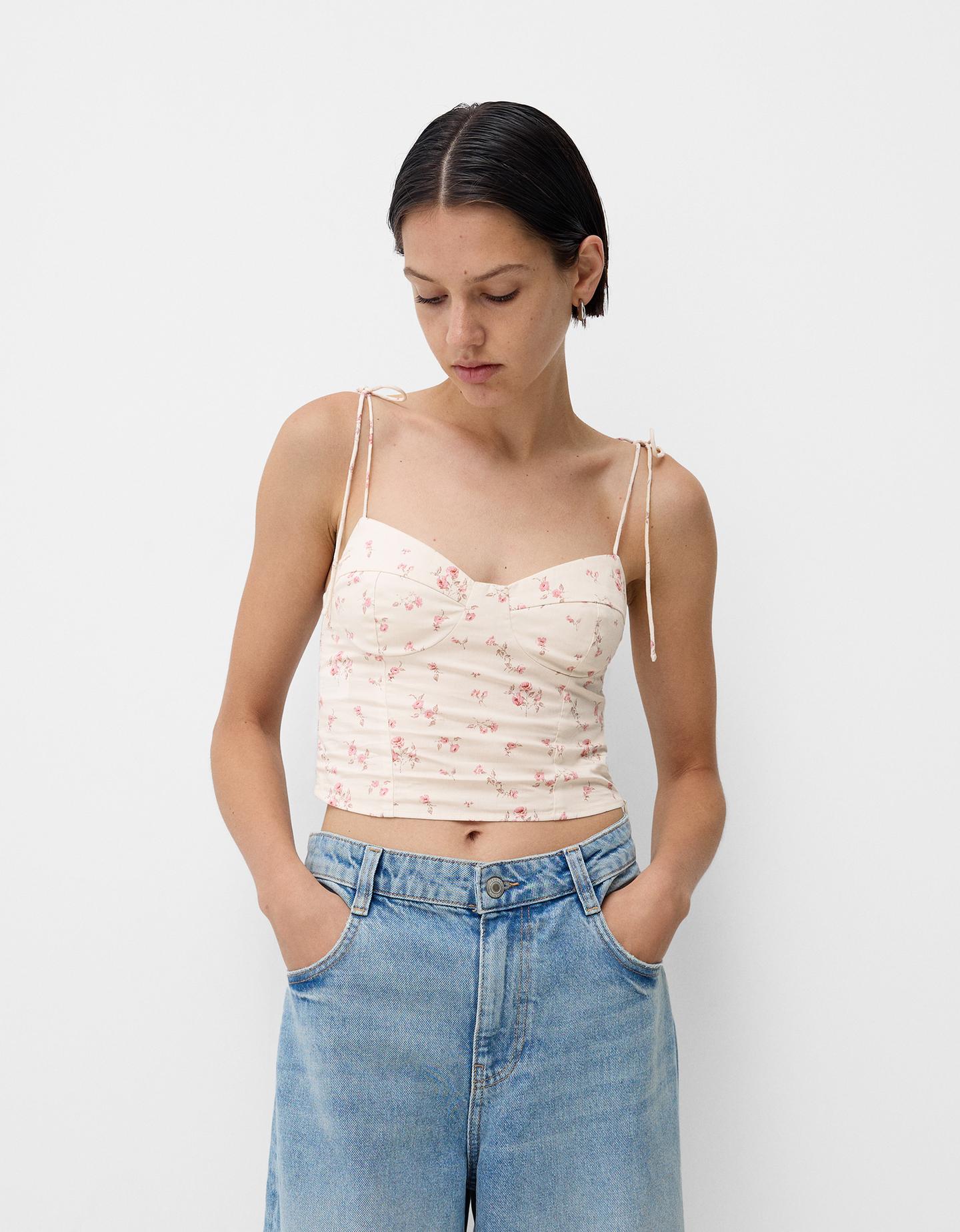 Bershka Crop Top Con Spalline E Fiocco Donna Xs Multicolore