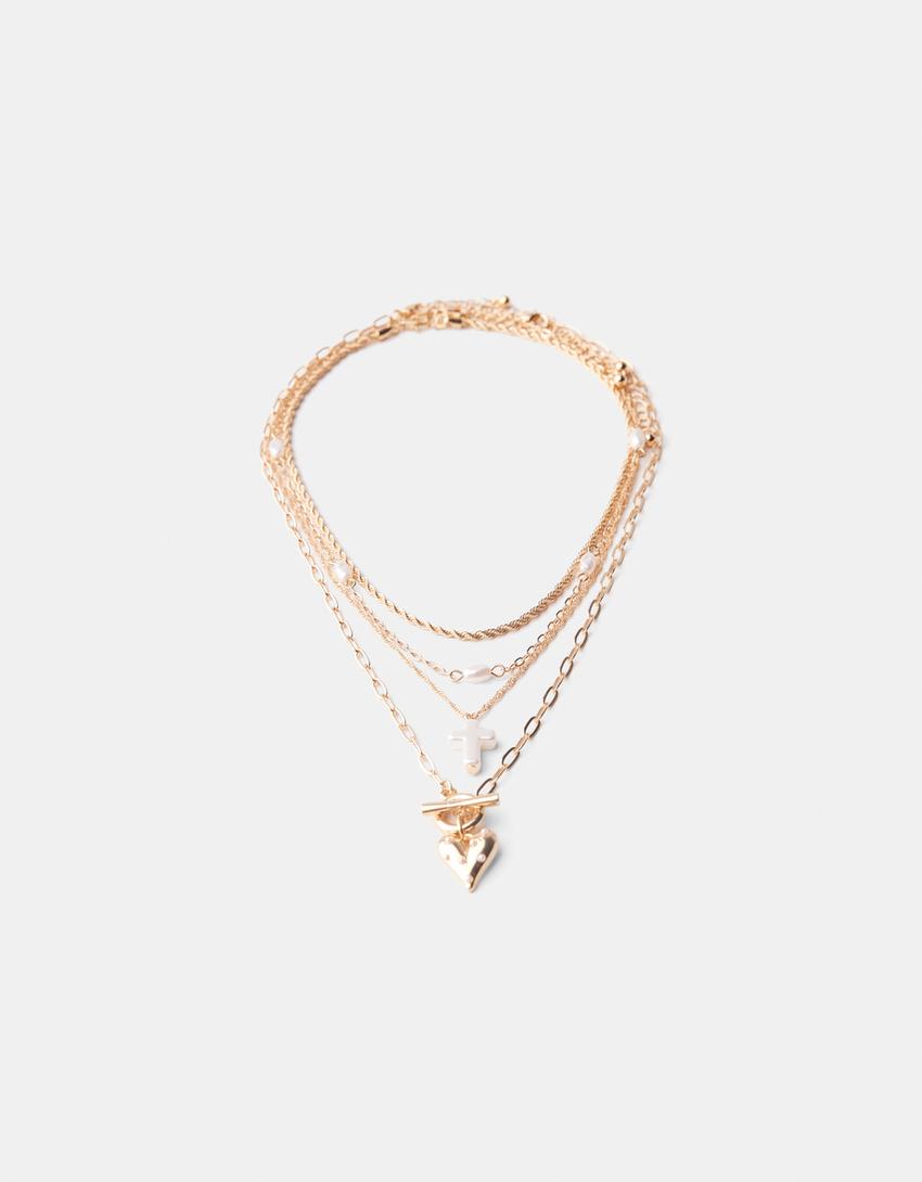 4-pack of cross, faux pearl and heart necklaces-Gold-4