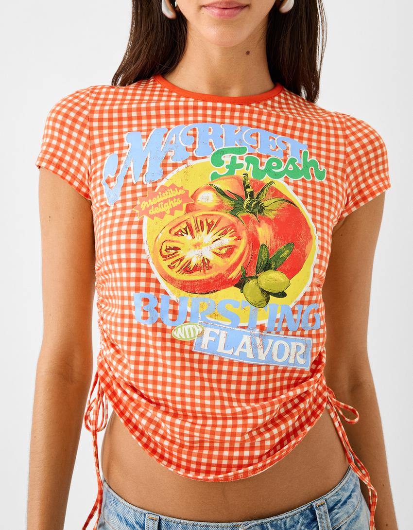 Printed short sleeve T-shirt with side gathering-Red-6