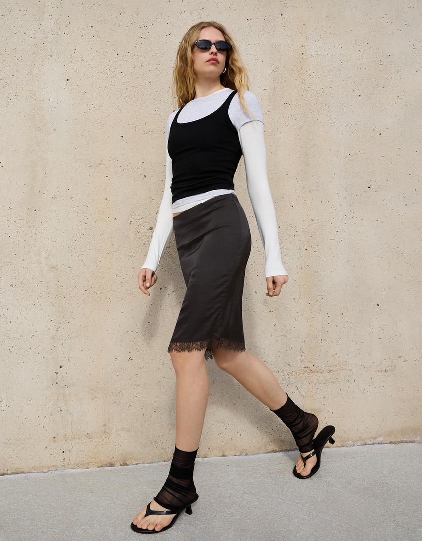 Saten midi etek-Siyah