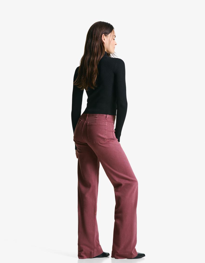 Seamless wide-leg jeans with pockets-Red-1