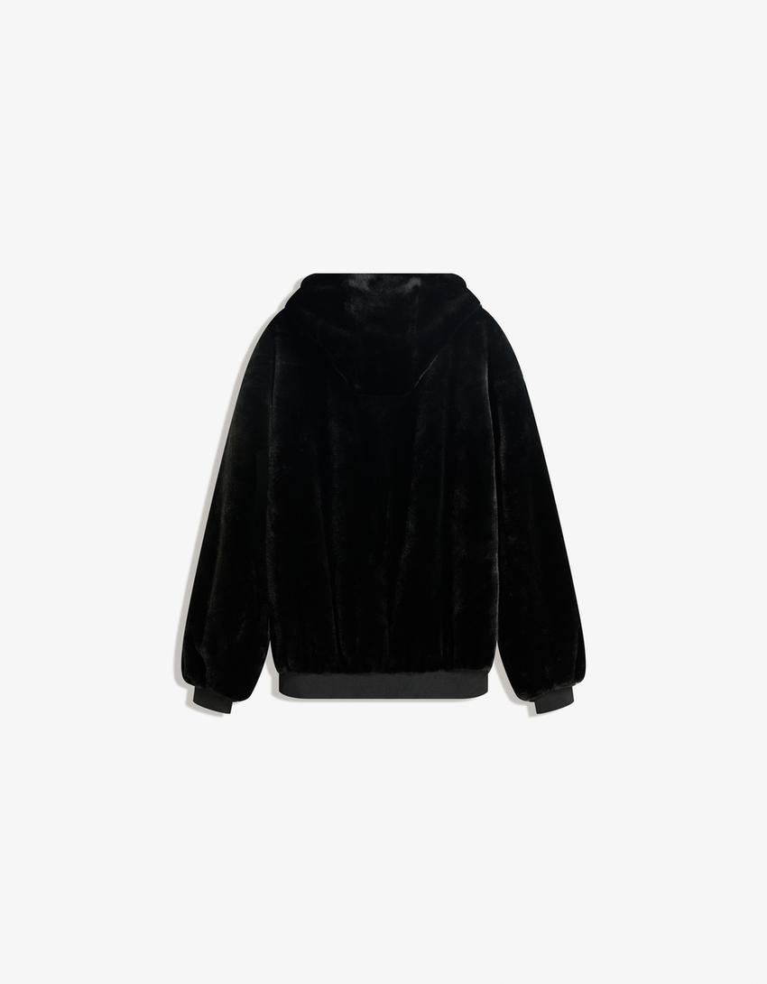Hooded faux fur jacket-Black