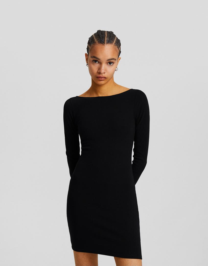 Vestido mini de manga comprida com decote barco em malha com nervuras-Preto-1