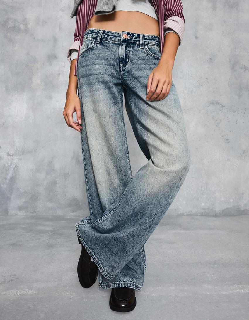 Jeans a gamba larga vita bassa-Azzurro Lavato