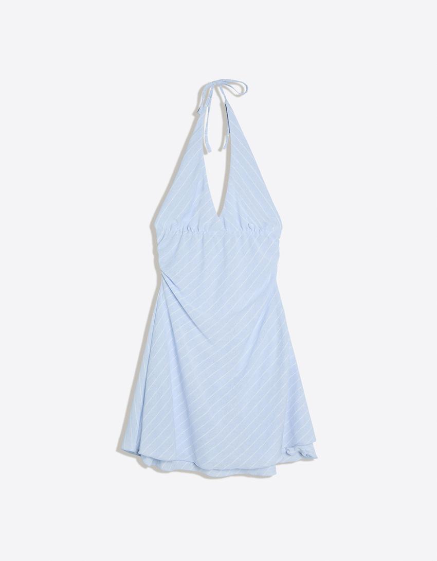Robe mini encolure américaine à rayures-Bleu clair
