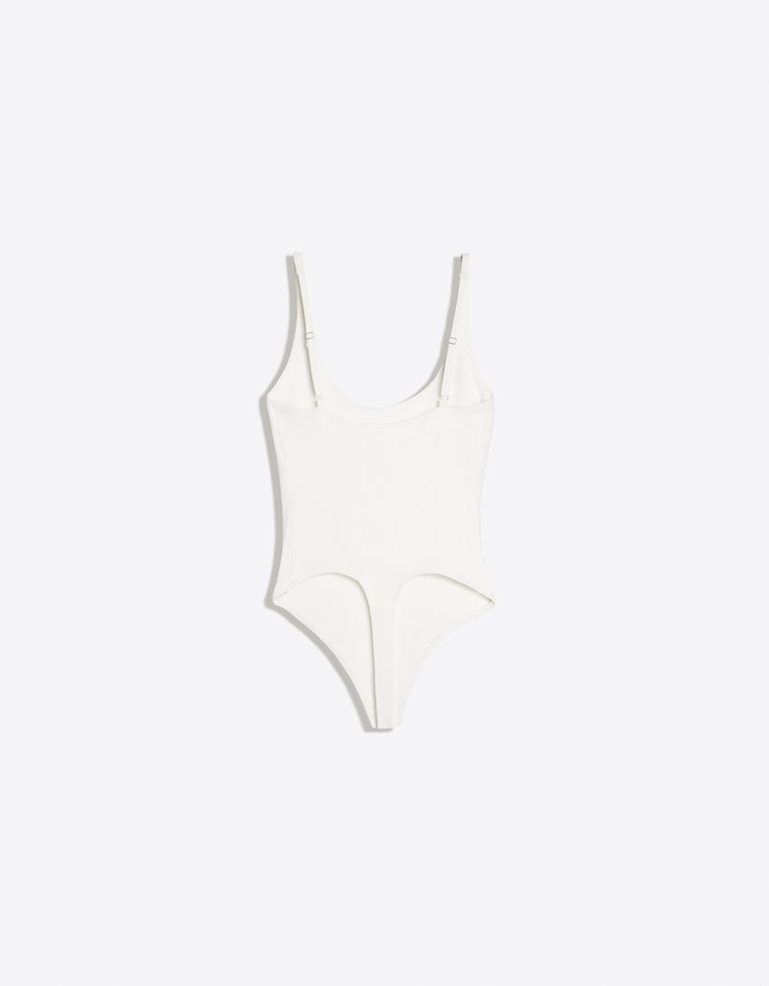 Round neck tank bodysuit-Cream