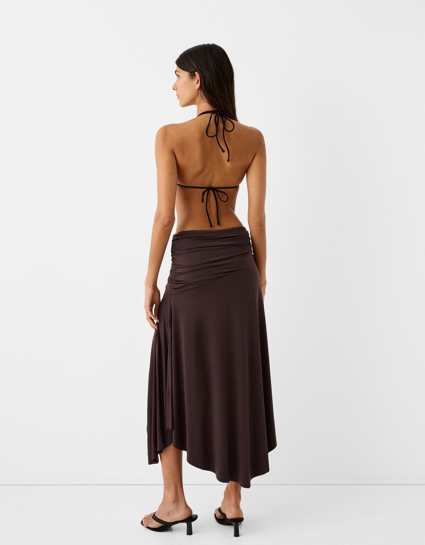 Midi skirt with a turnover waistband-Brown-2
