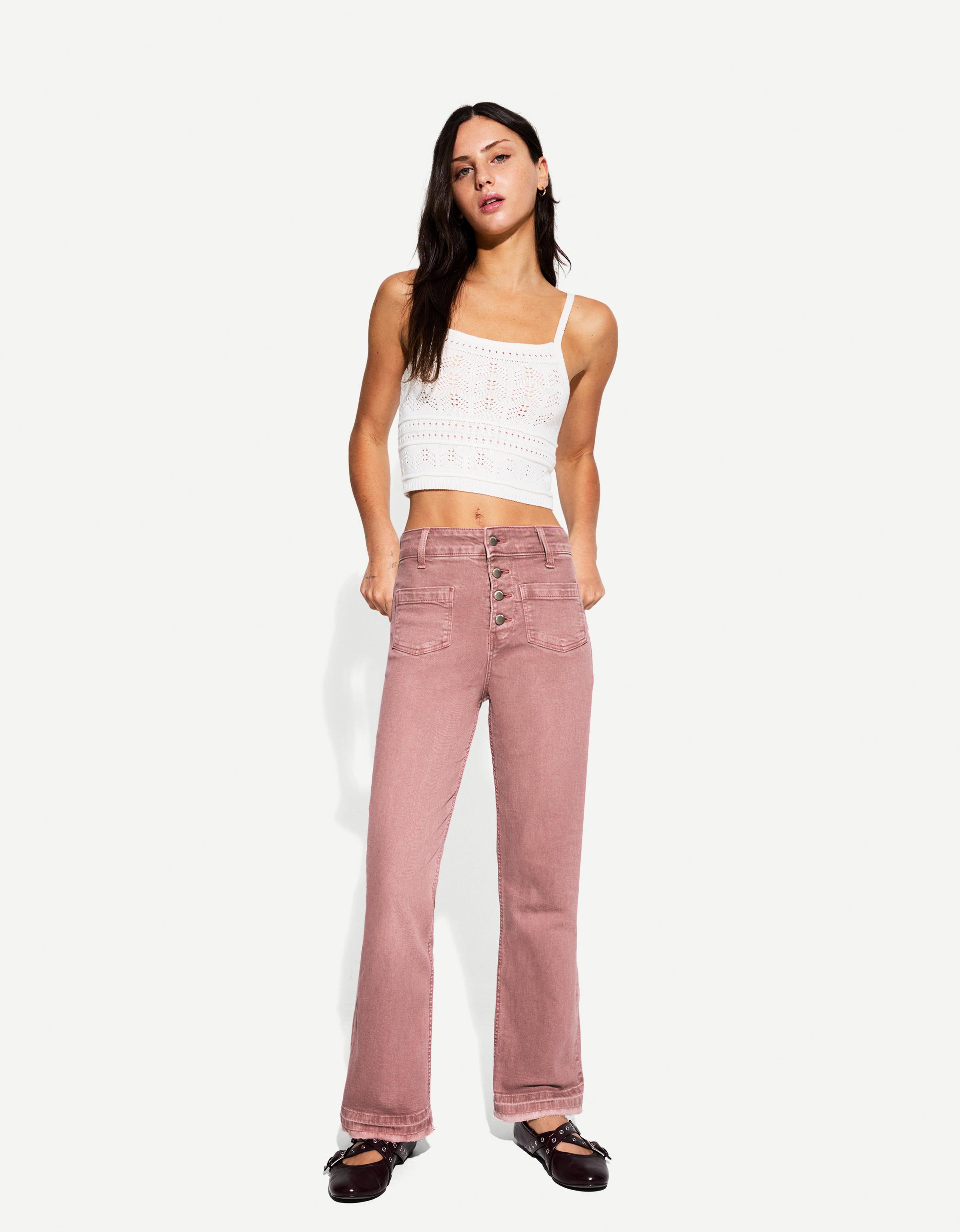 Bershka Cropped-Jeans-Schlaghose Damen 40 Rosa