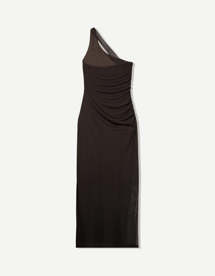Robe midi en tulle asymétrique-Marron-4