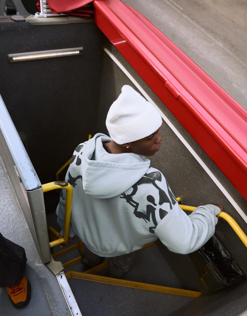 Capuchonsweater met rits en print-Gewassen blauw