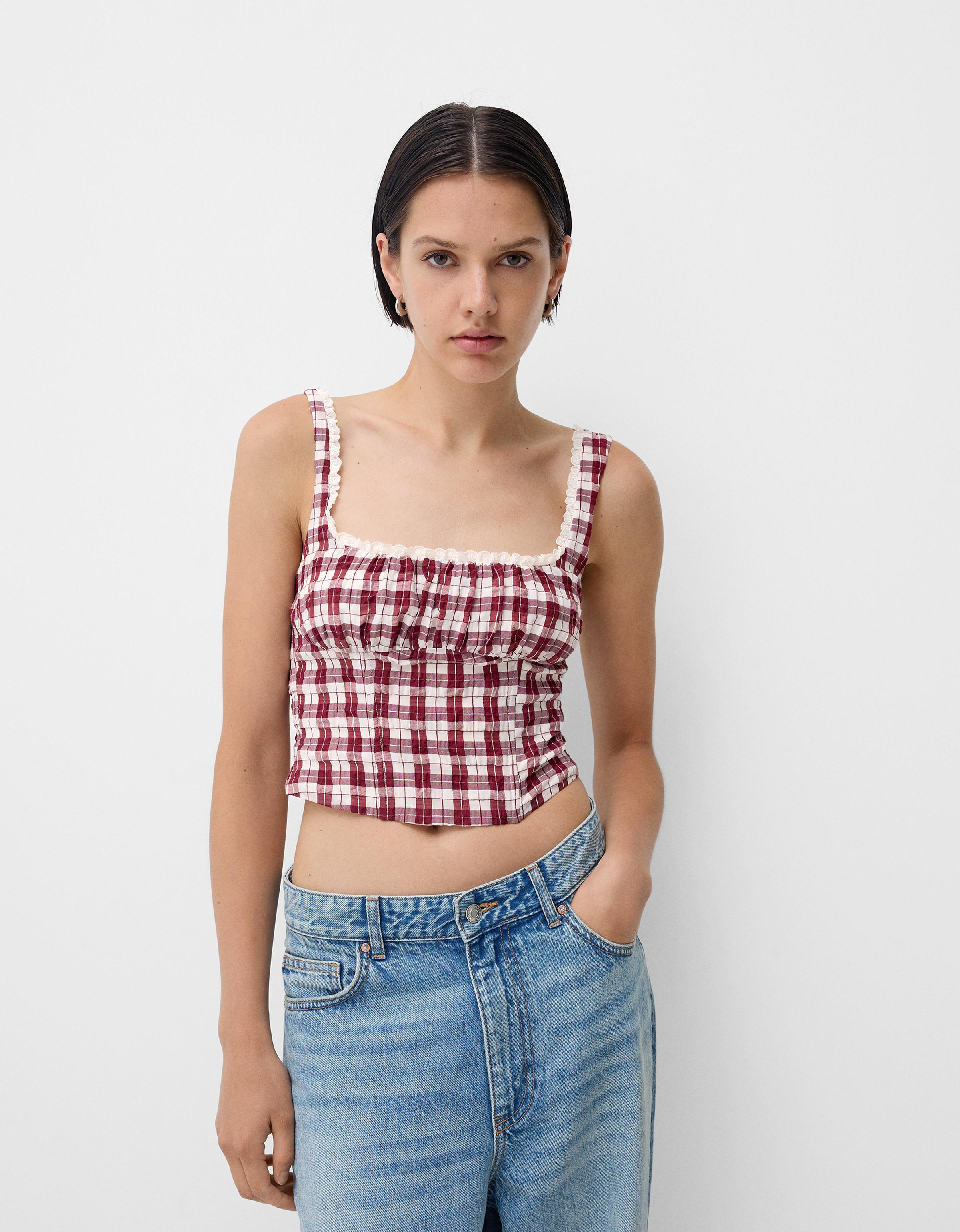 Bershka Top Mit Vichykaros Damen Xs Weinrot