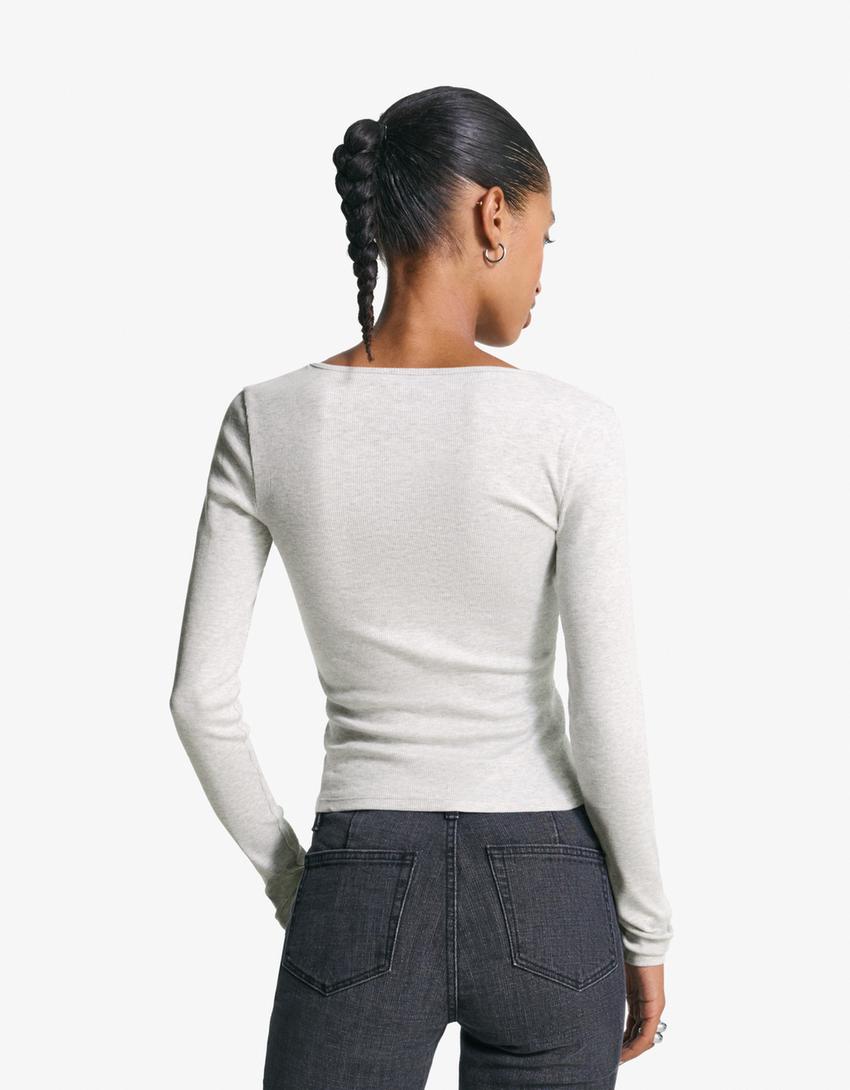 Tricou mânecă lungă guler în V-Gri-1