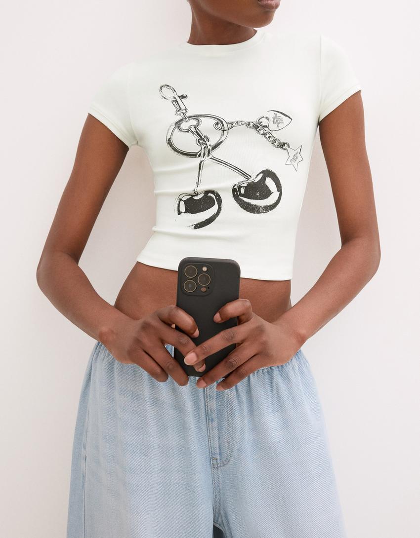 T-shirt manches courtes imprimé-Blanc cassé