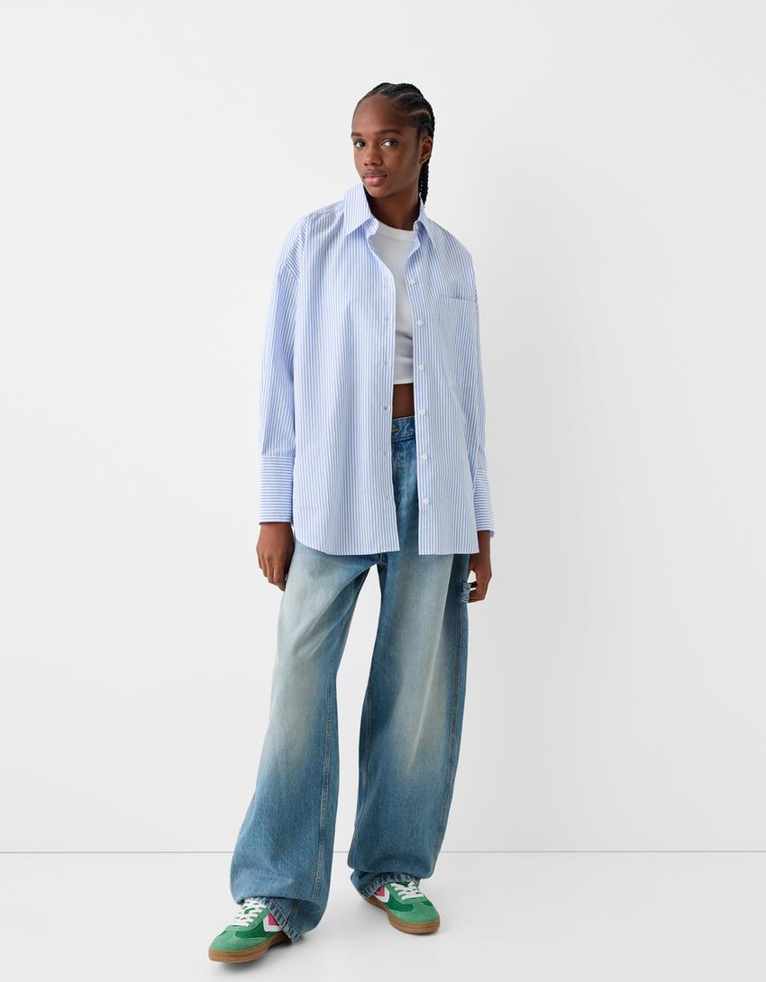 قميص فضفاض مخطط بأكمام طويلة-أزرق فاتح-3