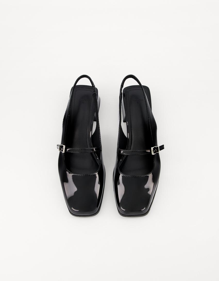 Балетки на широком каблуке с пряжкой-Черный