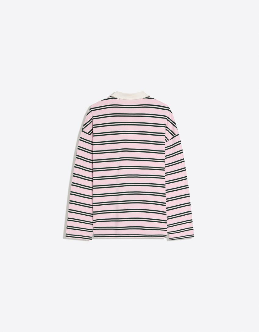 Printed polo collar long sleeve T-shirt-Pink
