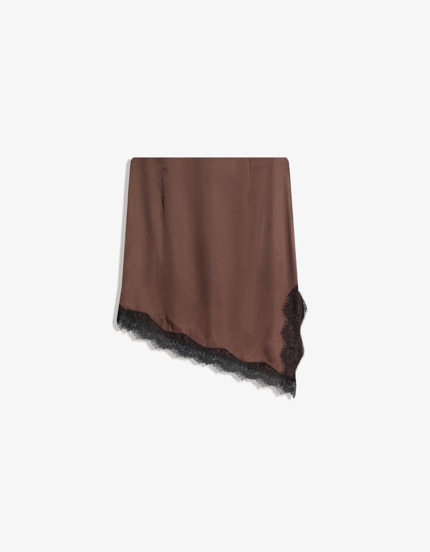 Minigonna in satin con pizzo-Marrone