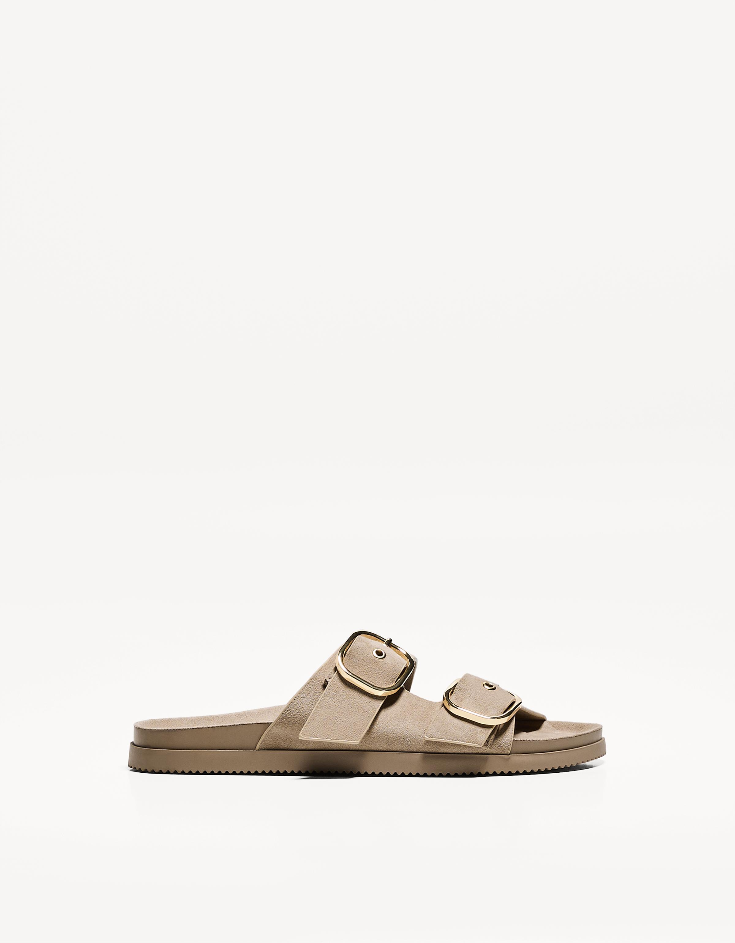 Bershka Flache Sandale Mit Schnallen Damen 37 Sandfarbe