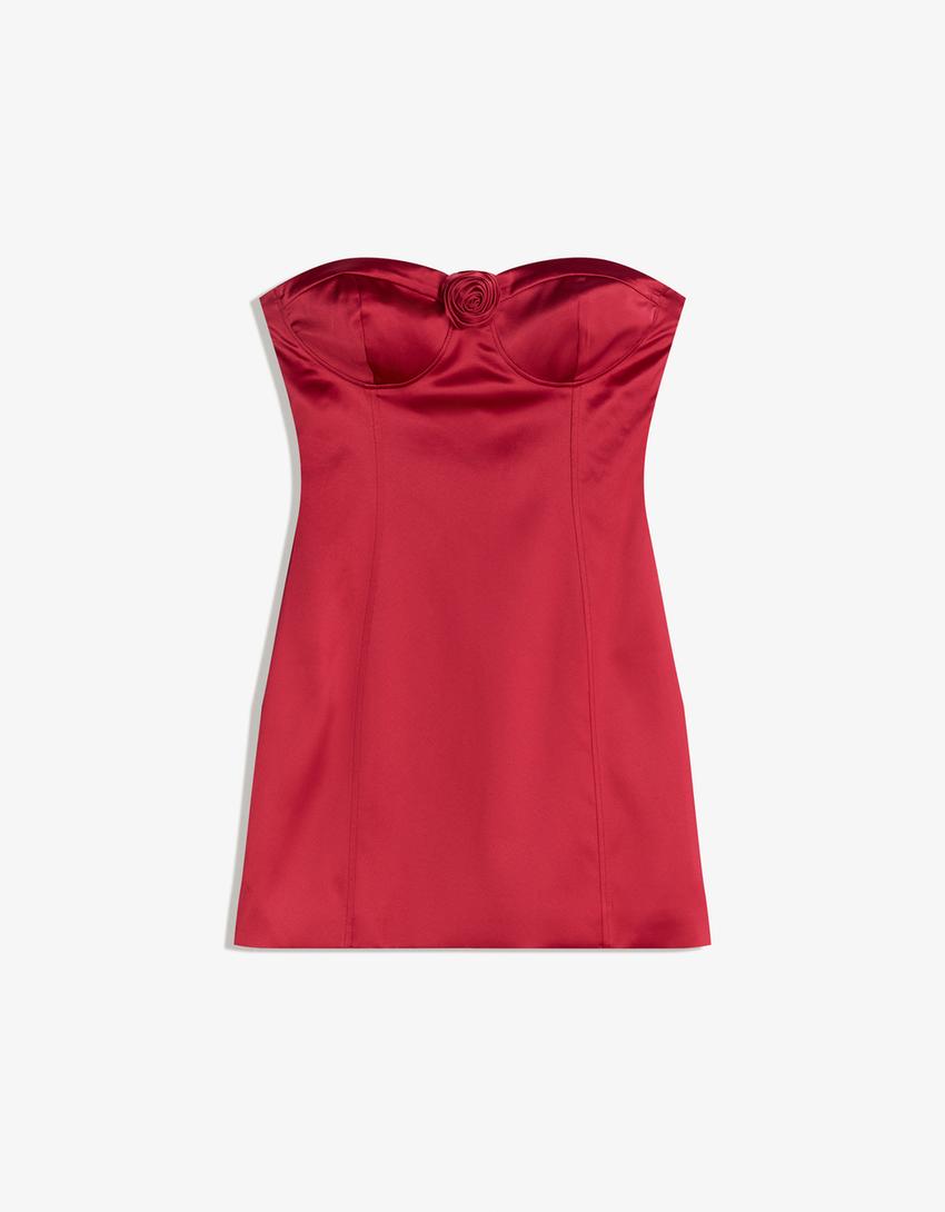 Floral satin mini dress-Coral