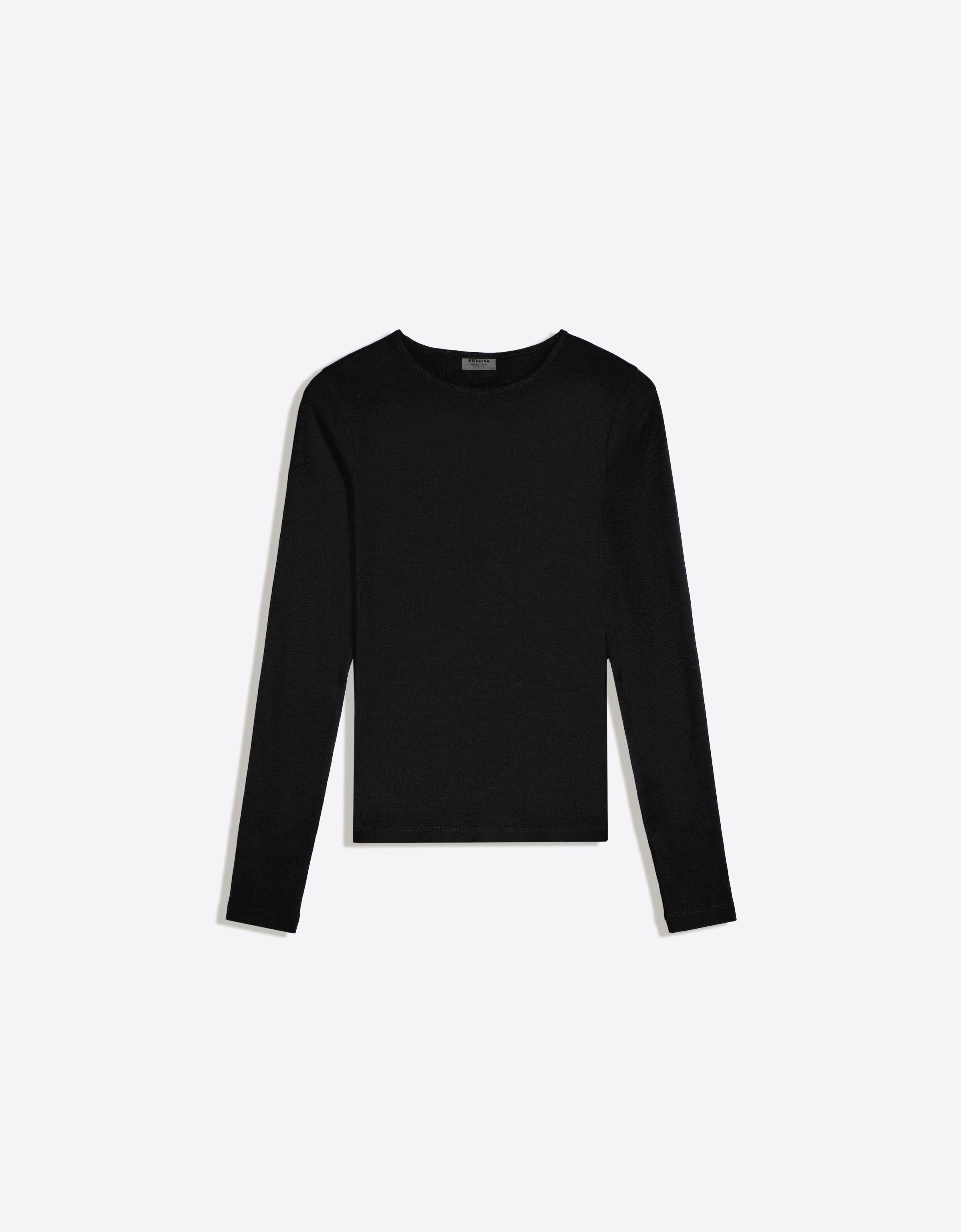 Bershka Camiseta Manga Larga Cuello Redondo Mujer Negro