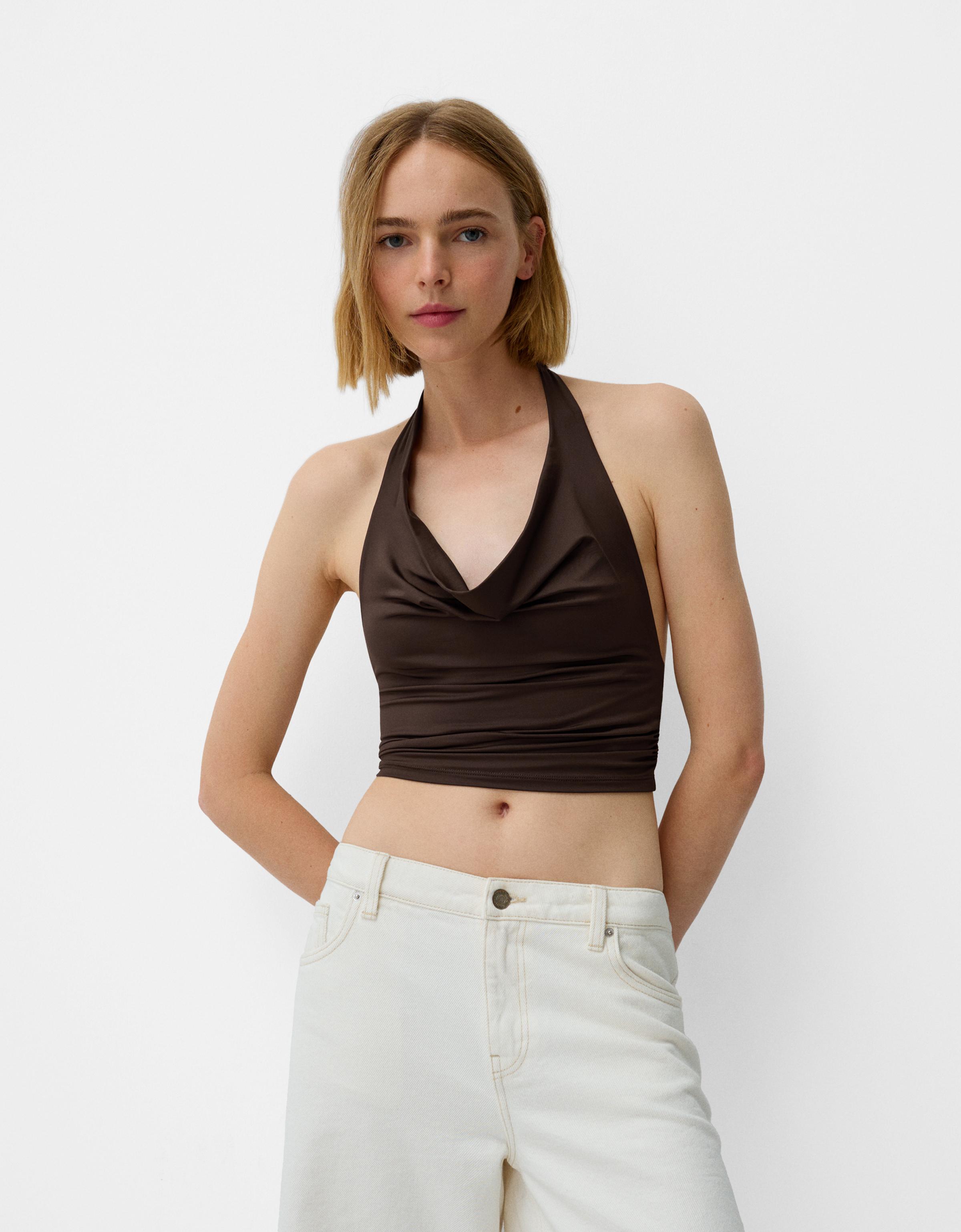 Bershka Drapiertes Neckholder-Top Damen L Braun