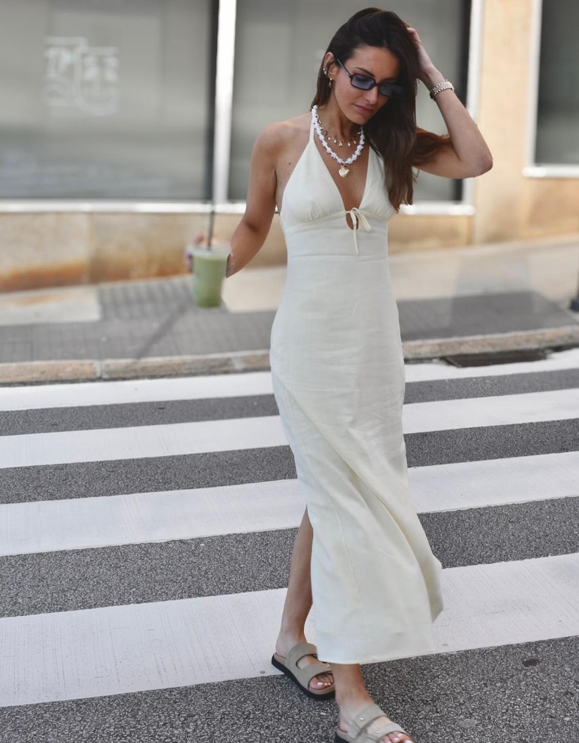 Linen blend halter midi dress with tie detail
