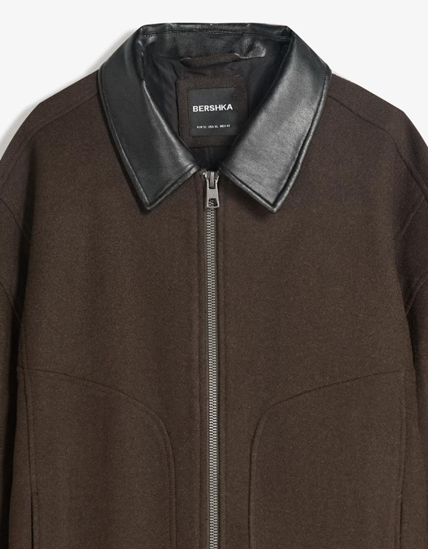 Synthetic wool jacket with contrast collar-Brown