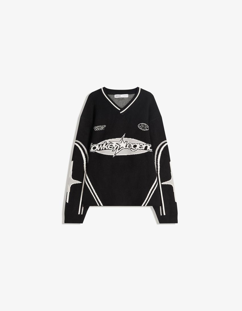 Pulover sport print-Negru