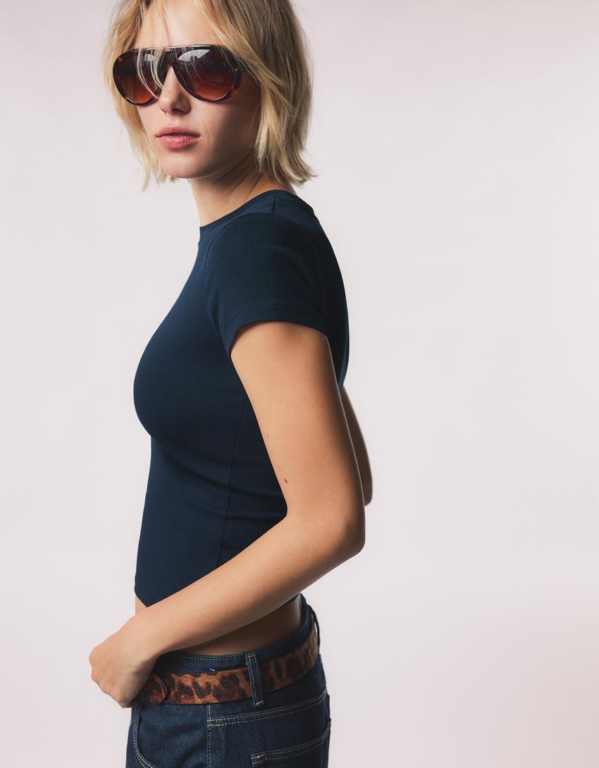 Футболка з круглим коміром і короткими рукавами-Темно-синій