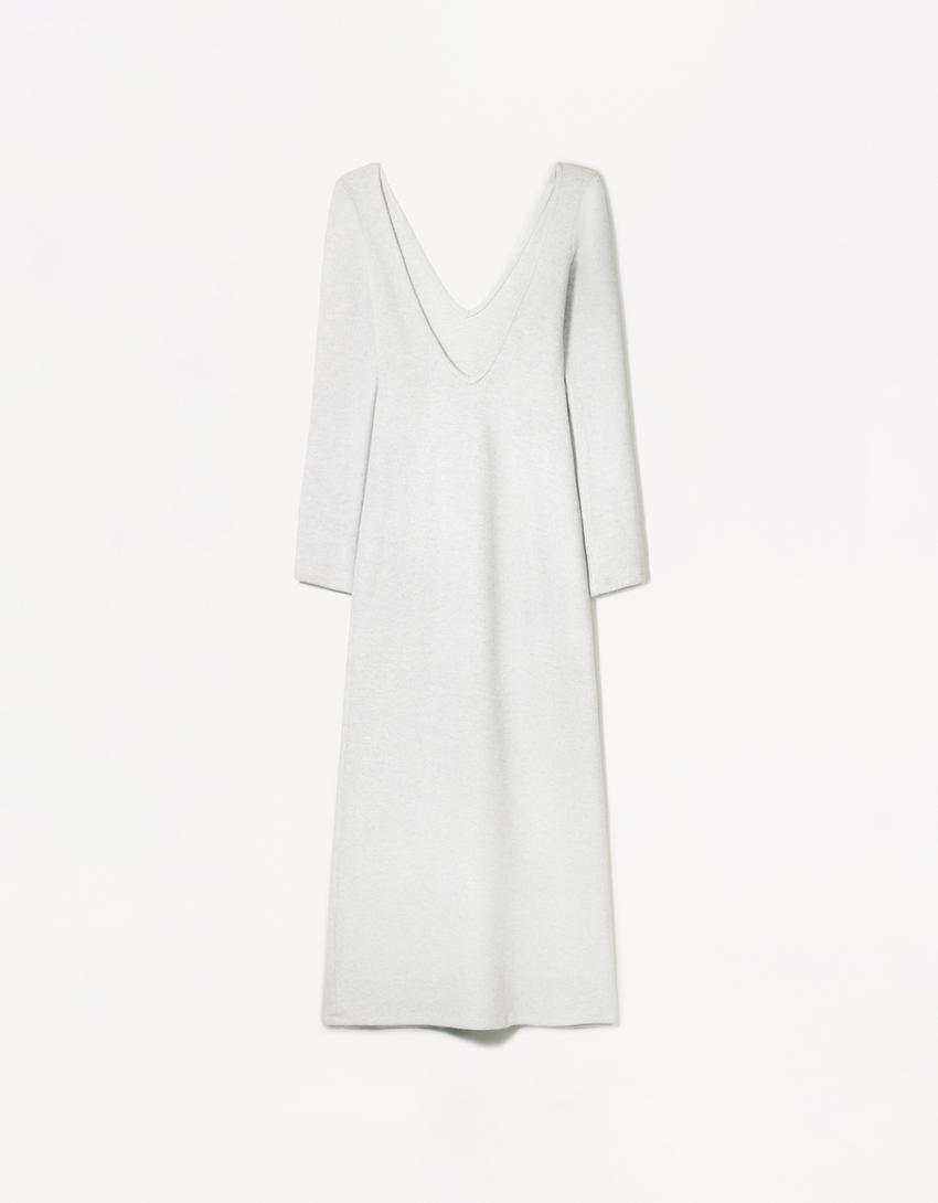 Vestido maxi escote pico soft touch-Gris-5
