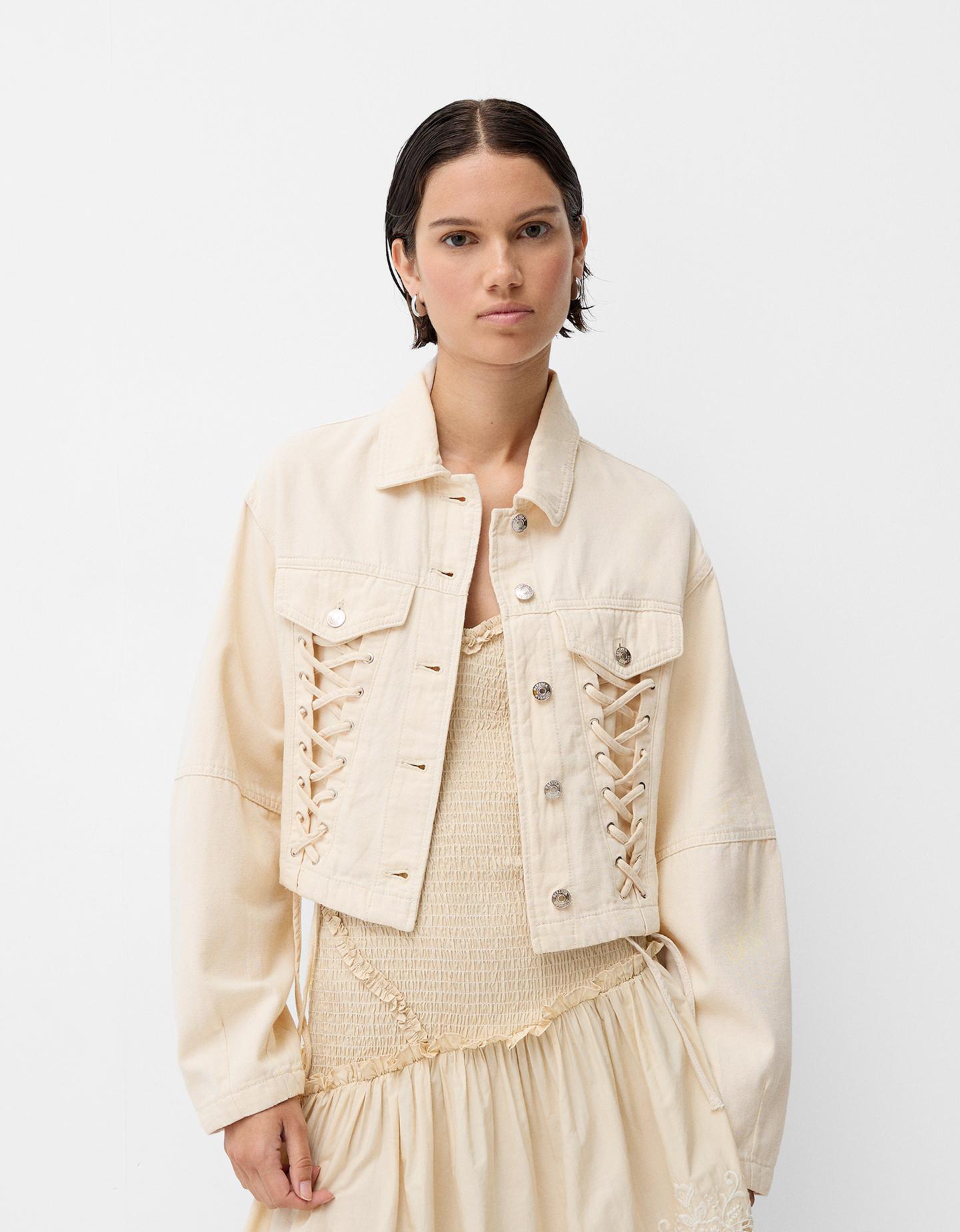 Bershka Cazadora Algodón Lace Up Mujer S Beige