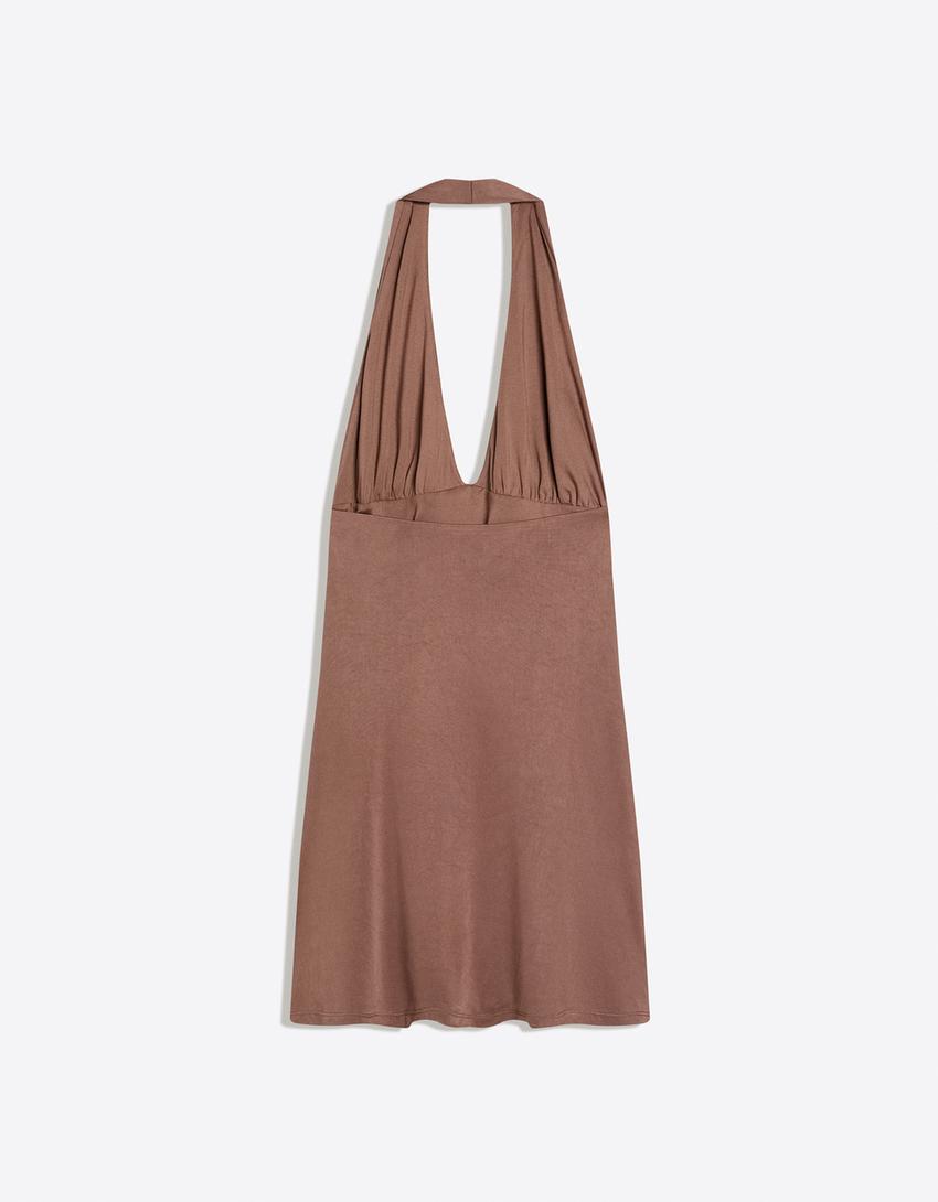 Studded halter mini dress-Brown