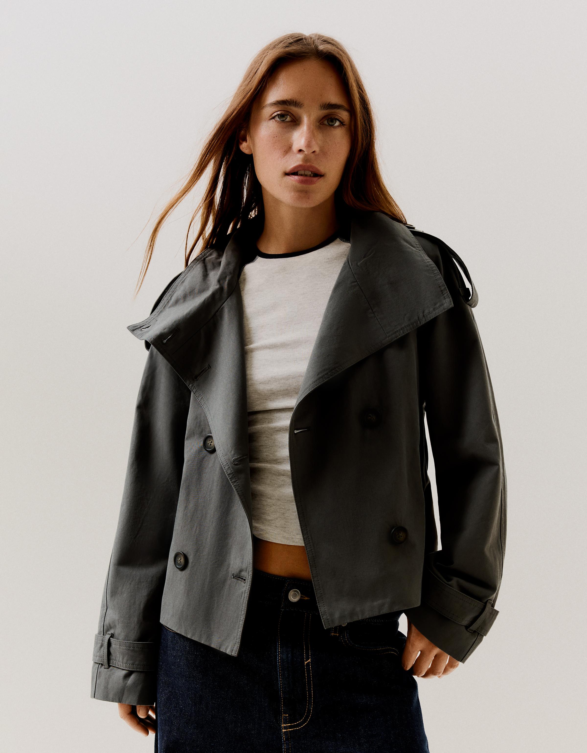 Bershka Cazadora Trench Cuello Funnel Mujer Xs Gris Oscuro