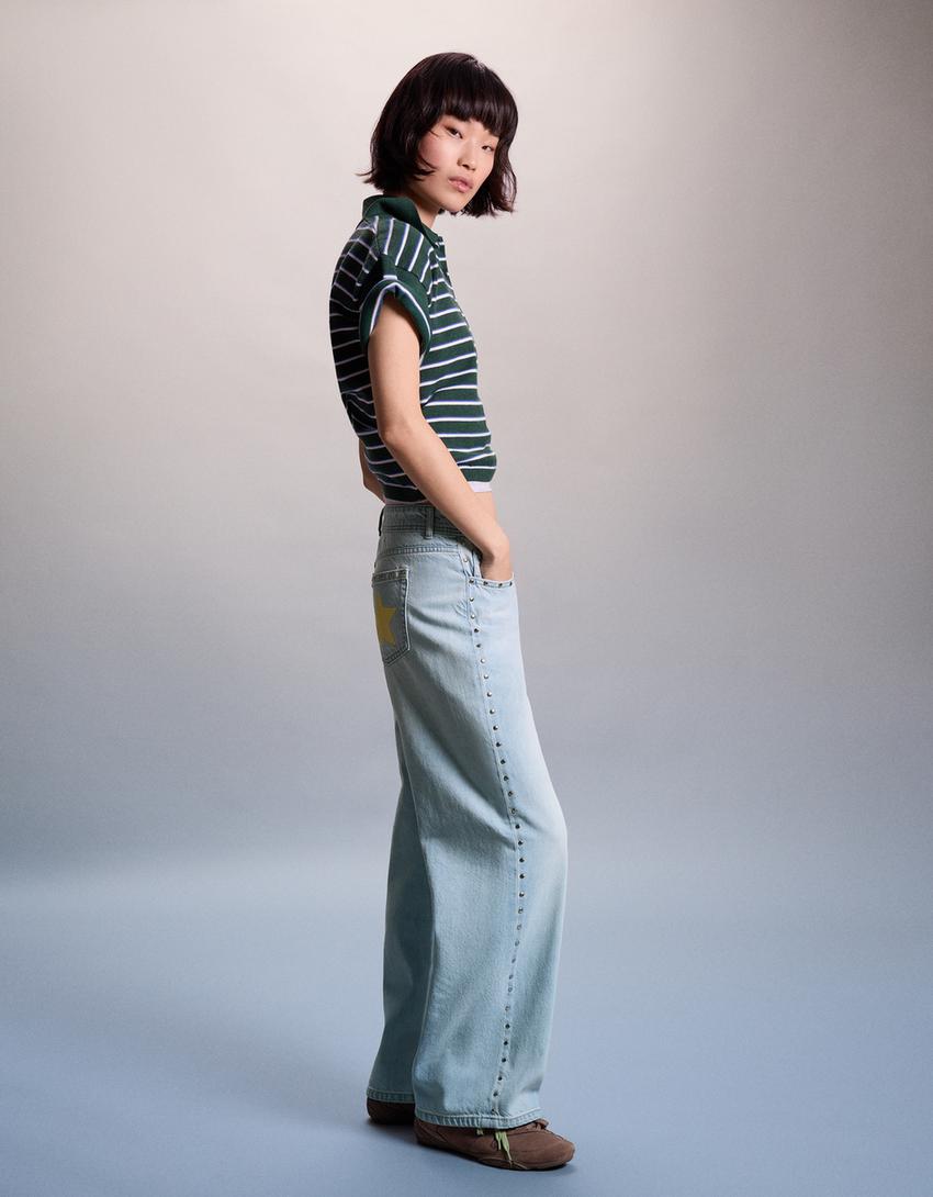 Düşük bel zımbalı baggy fit jean-Açık mavi