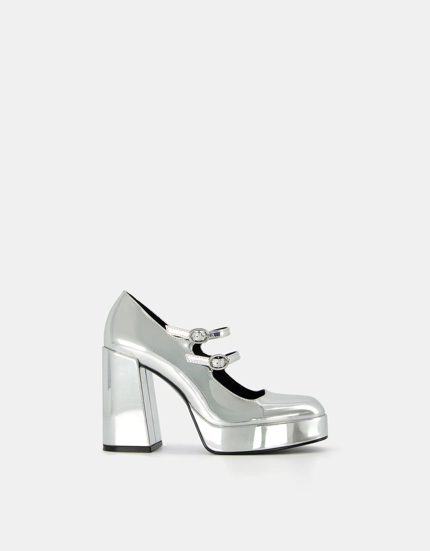 Sapato de tacão plataforma com pulseira metalizada-Prateado-5