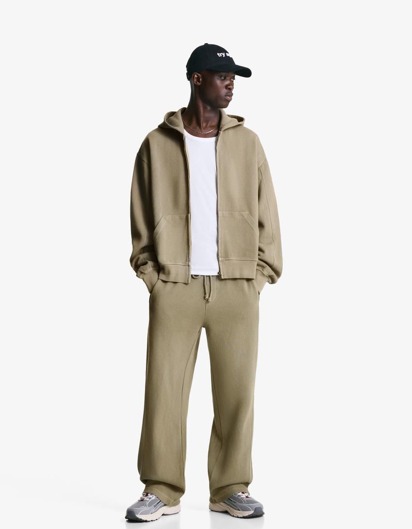 Faded-effect piqué trousers-Stone-0
