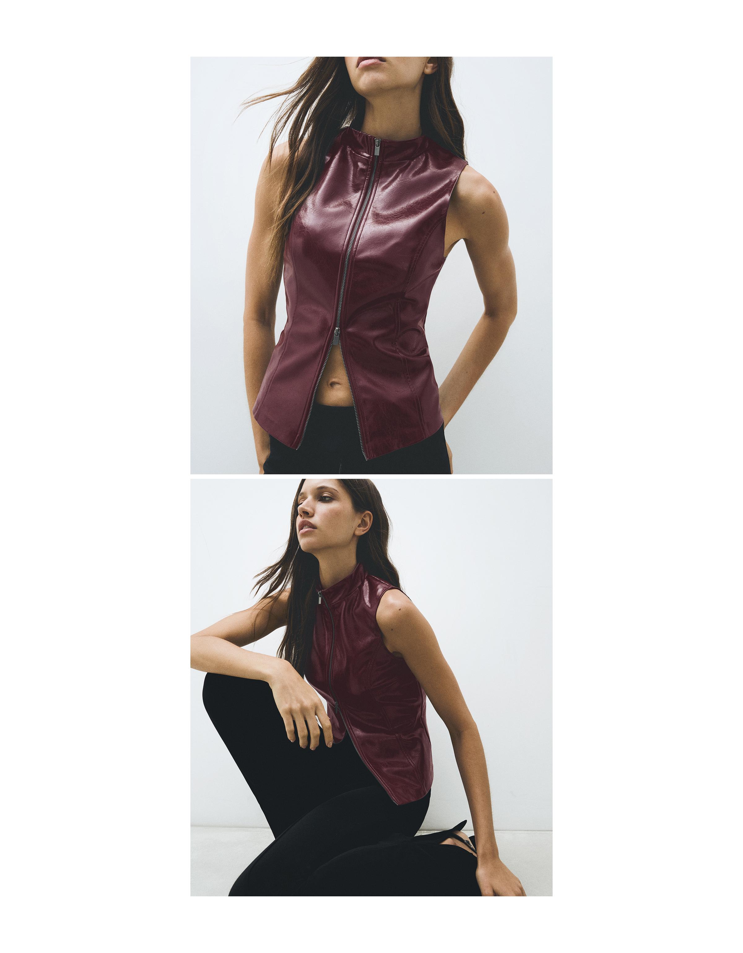 Leather-effect sleeveless high-neck top — Burgundy