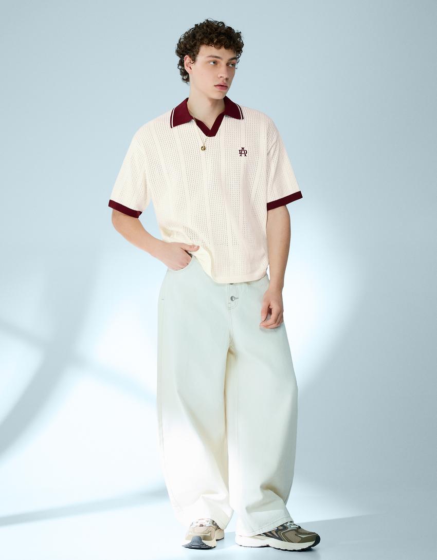 Kemeja polo lengan pendek bergambar-Putih semu