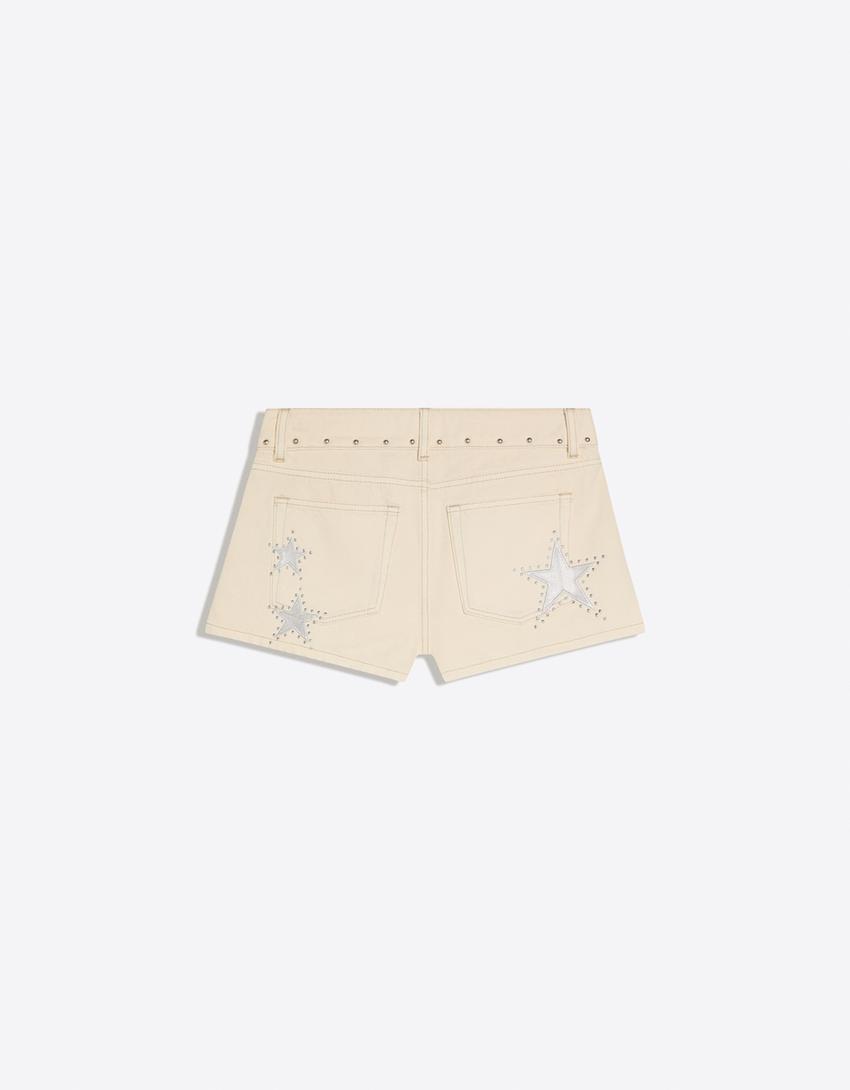 Printed denim shorts-Cream